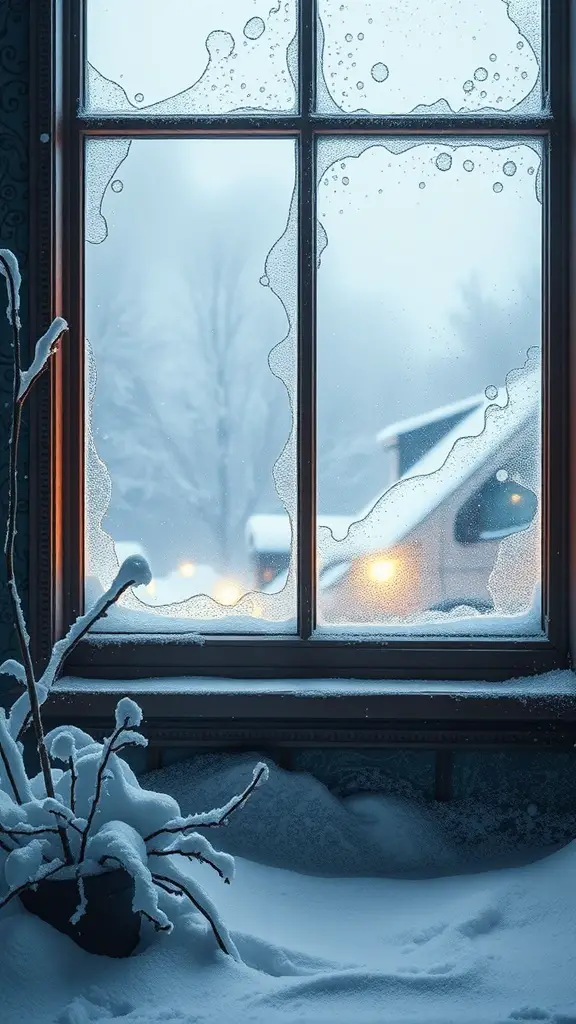 Frosted windowpanes with snow outside and warm lights in the background.