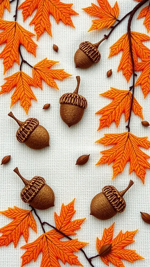 33+ Stunning Fall Embroidery Ideas to Try This Season 2 An artistic representation of falling acorns and oak leaves in autumn colors