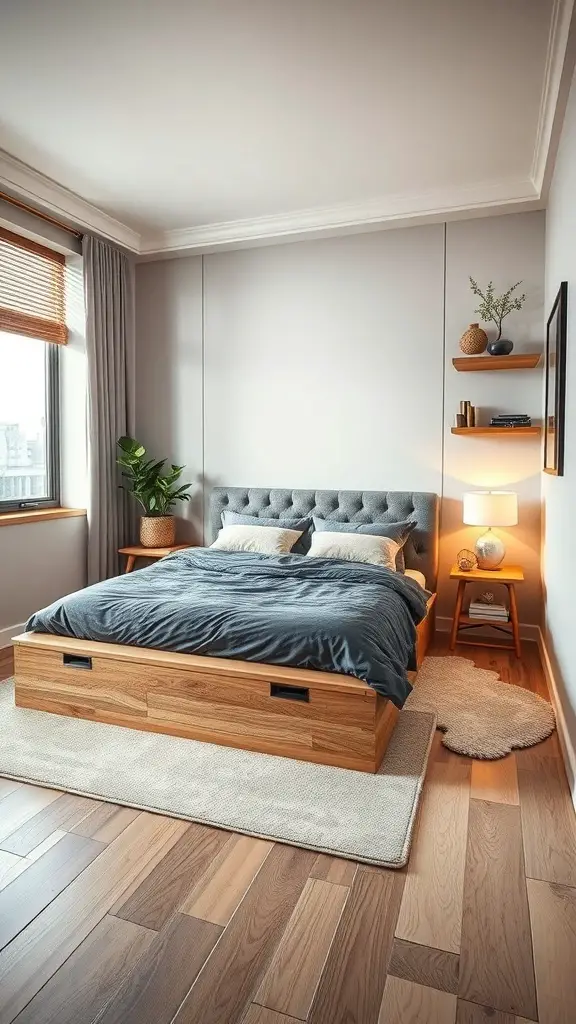 Cozy small master bedroom with king bed, built-in storage, and natural light.