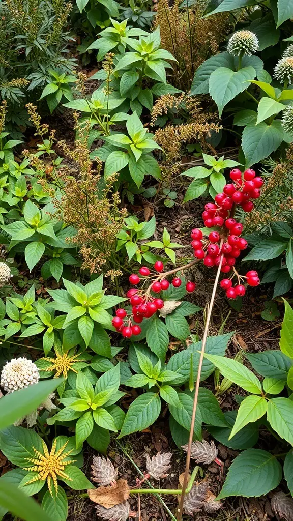A lush woodland garden featuring various green plants and clusters of bright red berries.
