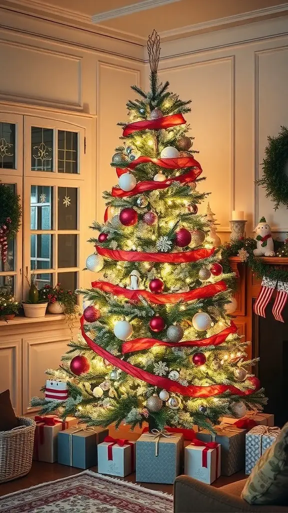 A cozy Christmas tree decorated with red ribbons, white and silver ornaments, surrounded by wrapped presents.