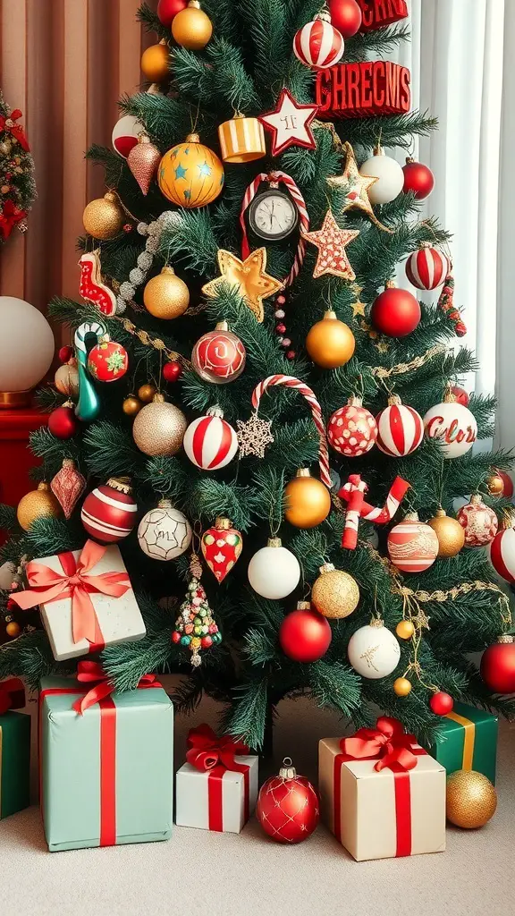 A 1950s Christmas tree decorated with vintage ornaments, including red and gold baubles, candy canes, and a 'Merry Christmas' sign, surrounded by wrapped gifts.