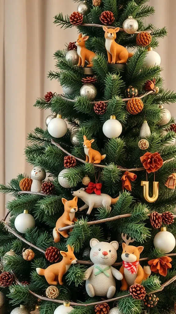 A Christmas tree decorated with animal figures, pine cones, and ornaments.
