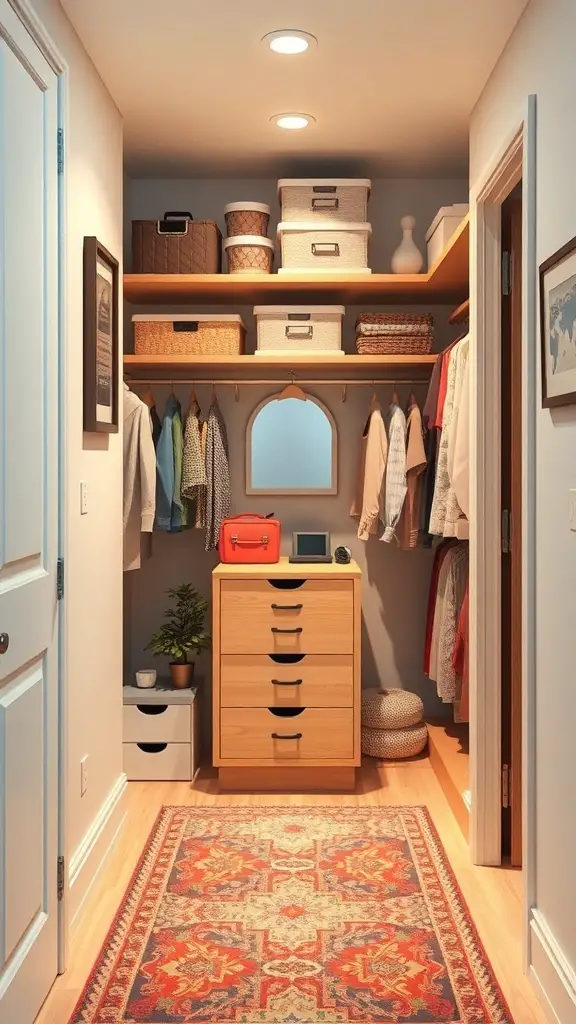 35+ Cozy Tiny Bedroom Ideas for Couples: Maximize Your Space Together 15 A well-organized closet with shelves, baskets, and a drawer unit, showcasing effective use of space.