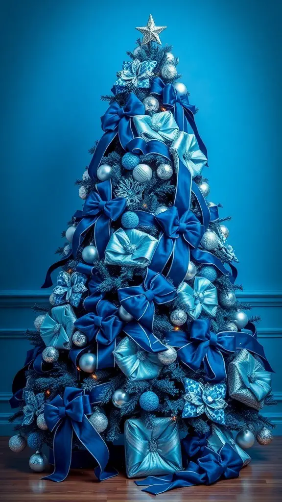 A beautifully decorated blue Christmas tree with blue velvet ribbons and bows.