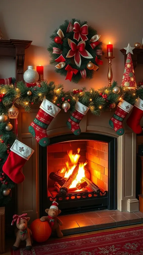 A traditional fireplace decorated for Christmas with stockings, a wreath, and festive ornaments.