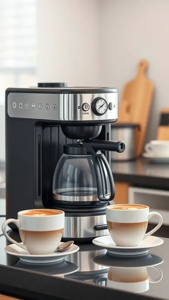 A luxury coffee maker with two cups of coffee on a kitchen counter