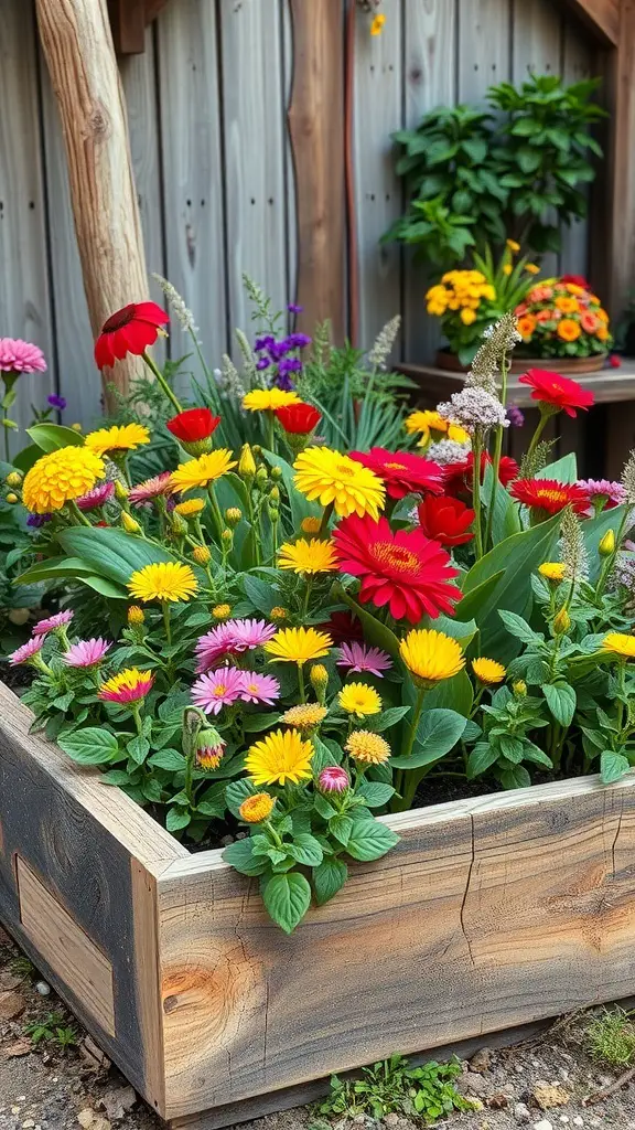 Colorful flower bed made from reclaimed wood with various flowers.