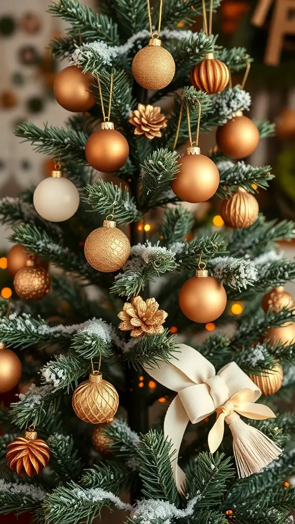 A Christmas tree decorated with vintage copper and creamy white ornaments, featuring a pine cone and a soft bow.