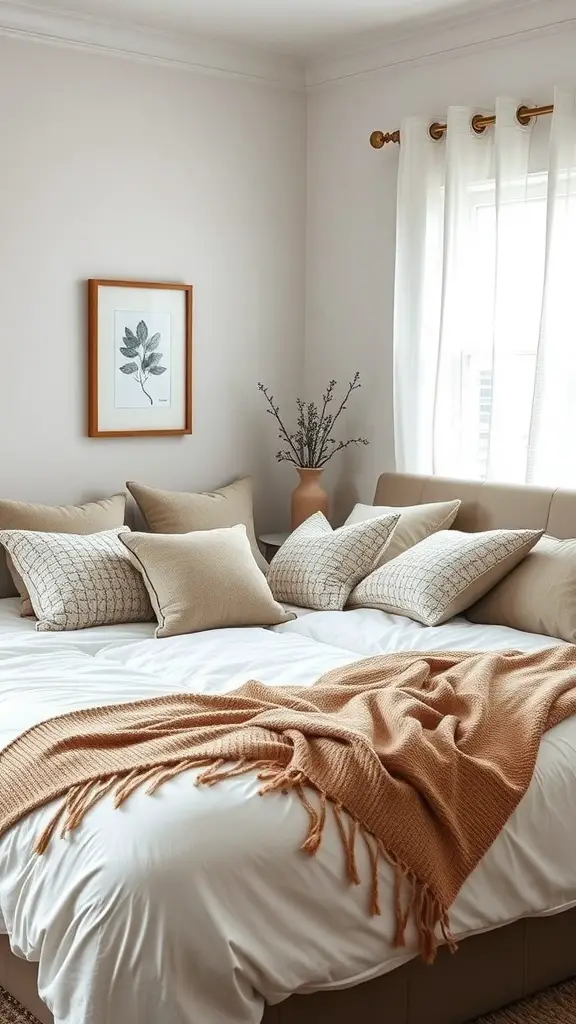 27+ Charming Small Master Room Ideas for Cozy Living 12 A small master bedroom featuring a bed with layered textiles, including multiple pillows and a warm throw blanket.