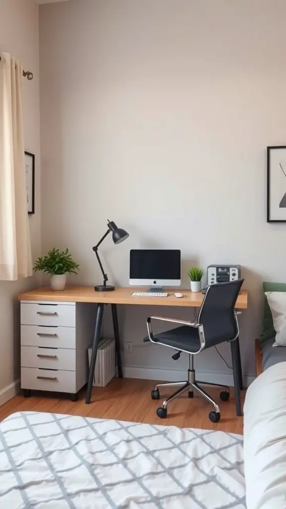 Compact workstation in a small bedroom with a desk, chair, and computer.