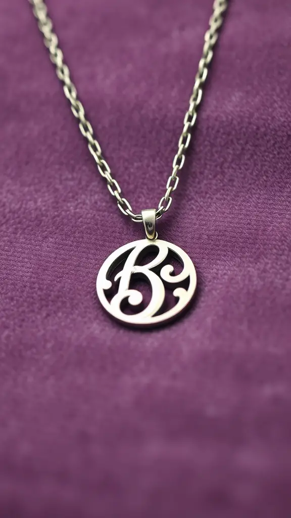 A silver necklace with an elegant initial pendant on a purple background.