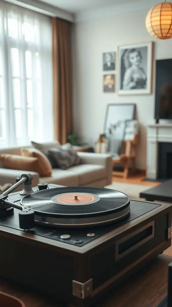 A vintage vinyl record player set up in a cozy living room