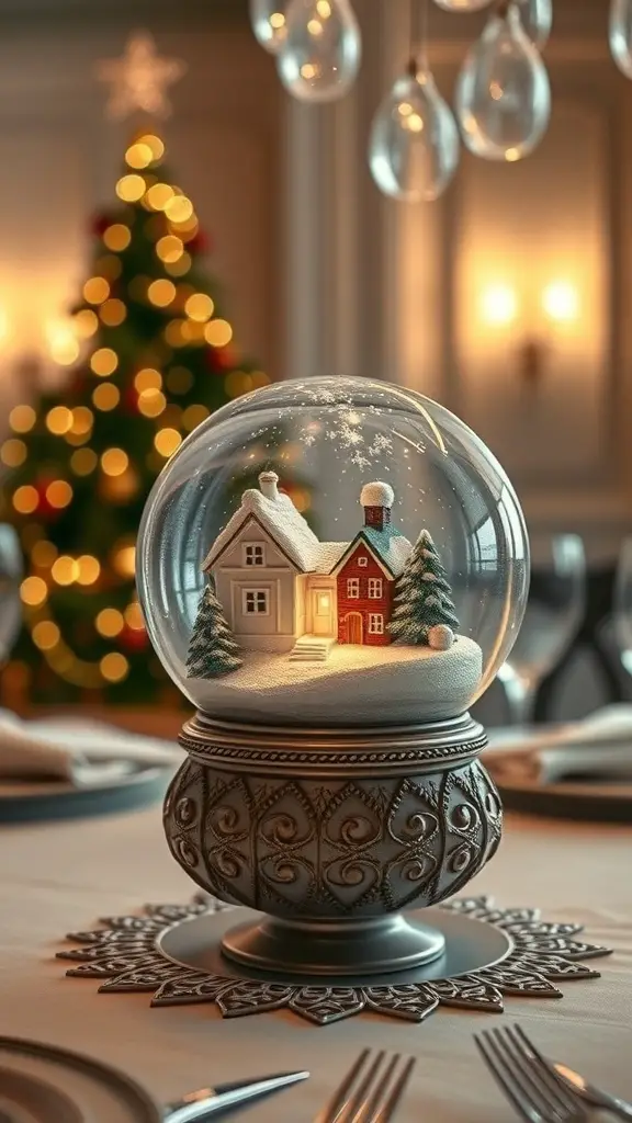 A decorative snow globe centerpiece featuring houses and trees, with a festive background.