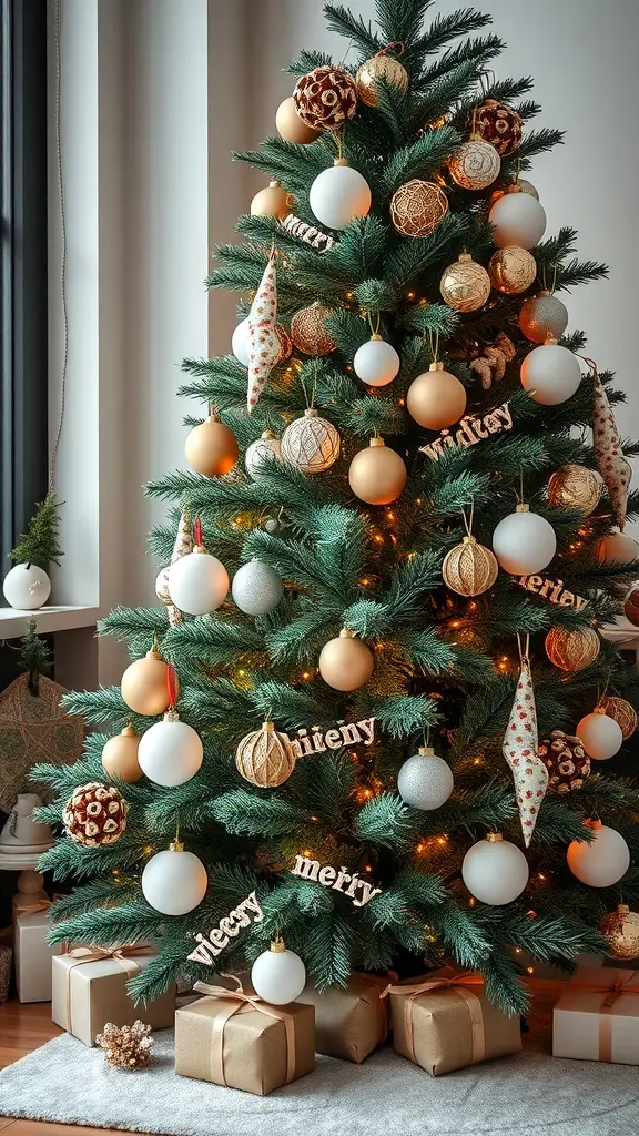 A modern Christmas tree decorated with minimalist ornaments in white and gold, featuring wrapped gifts underneath.