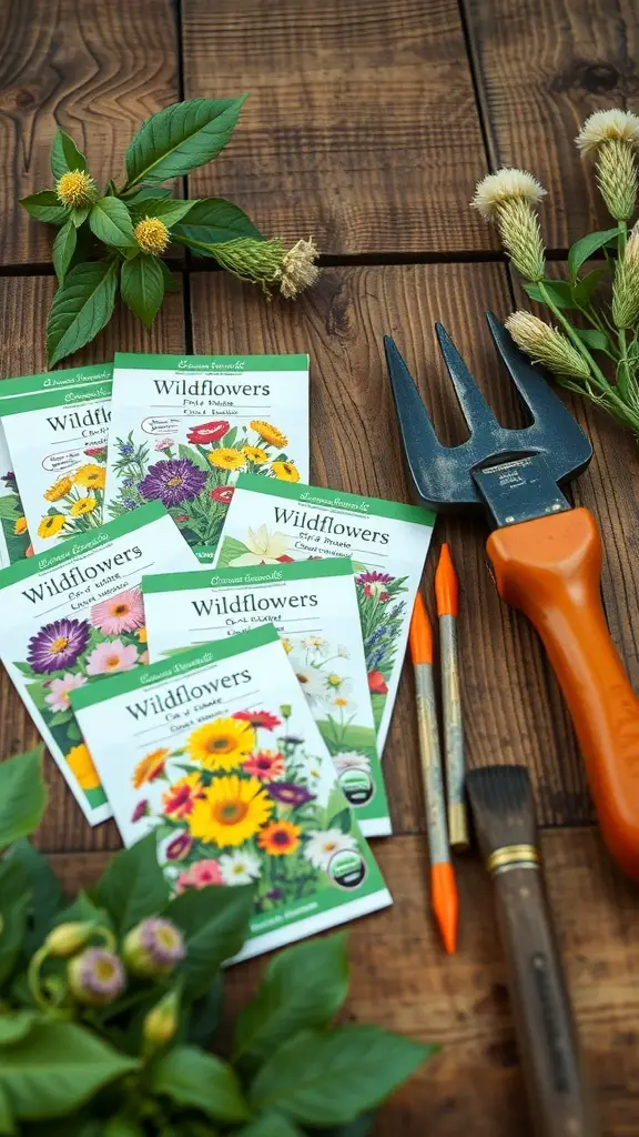 27+ Stunning Wildflower Landscaping Ideas for Your Garden 7 A collection of wildflower seed packets, gardening tools, and green leaves on a wooden surface.
