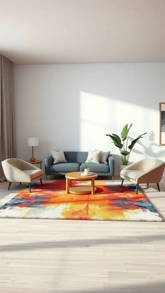 29+ Stunning Abstract Rugs to Elevate Your Living Room Decor 14 A living room featuring a vibrant abstract rug with minimalist furniture.