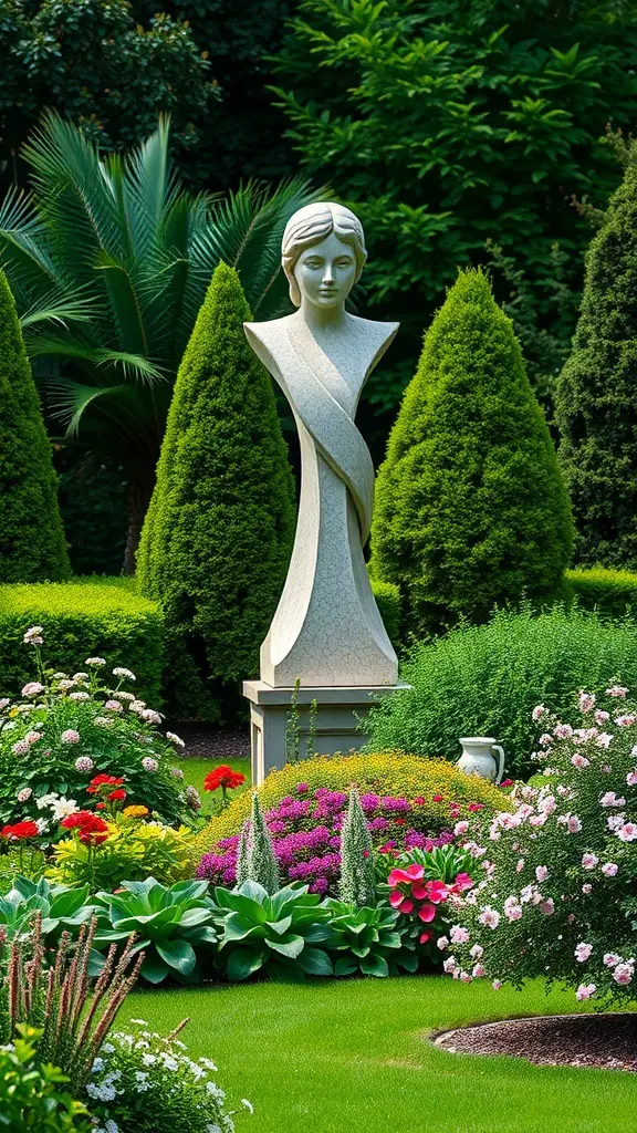 A serene garden featuring a statue surrounded by colorful flowers and lush greenery.