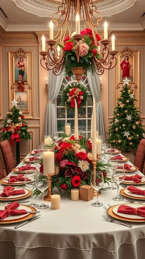 Luxurious Christmas table centerpiece with flowers and candles