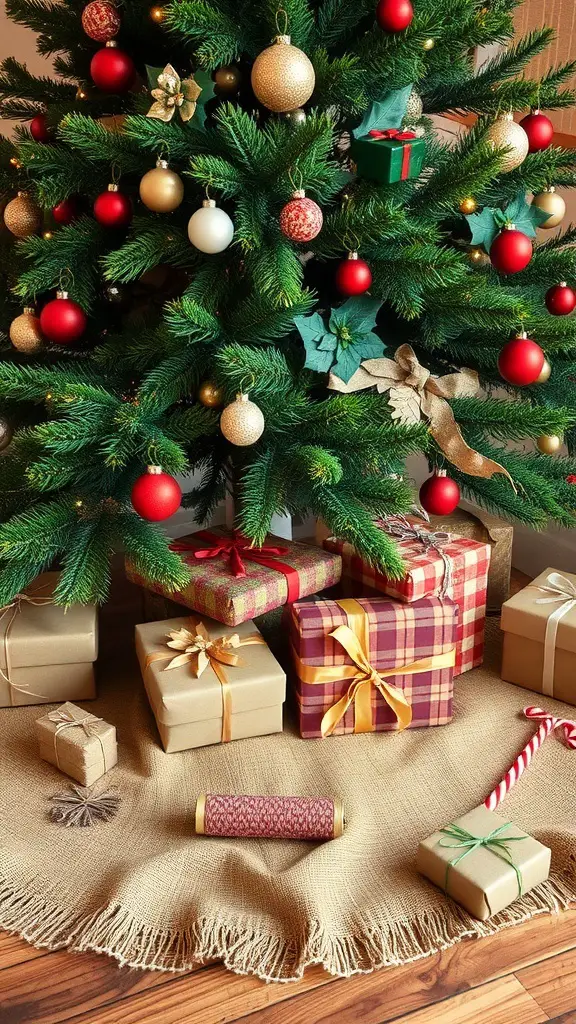 A decorated Christmas tree with red and gold ornaments, surrounded by gifts on a burlap tree skirt.