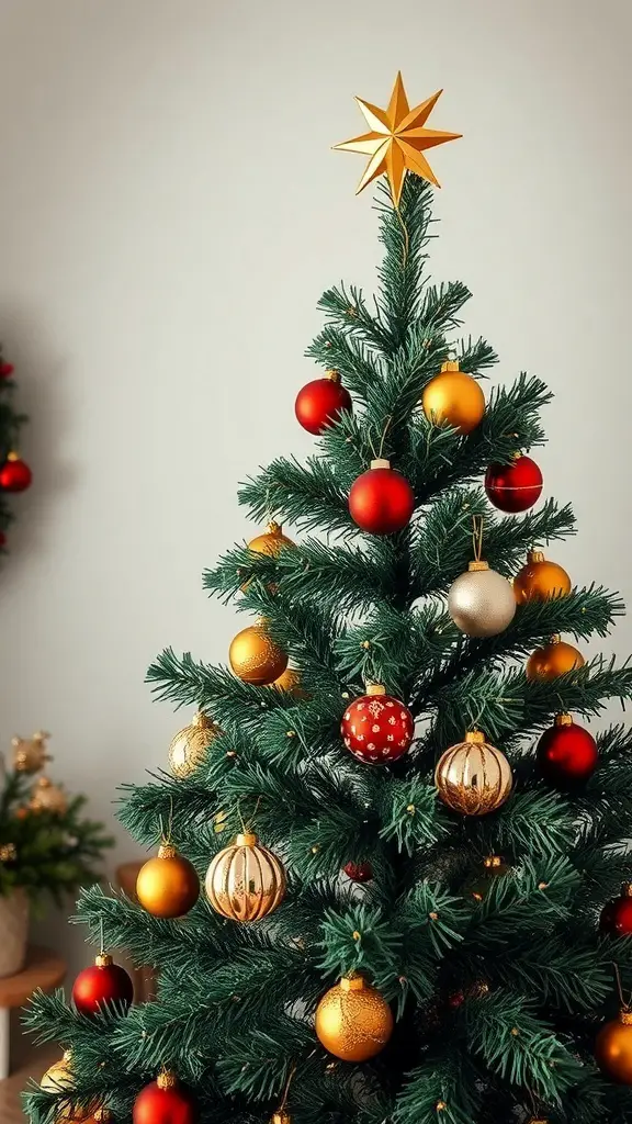 A hunter green Christmas tree decorated with vintage ornaments in red, gold, and silver, topped with a golden star.