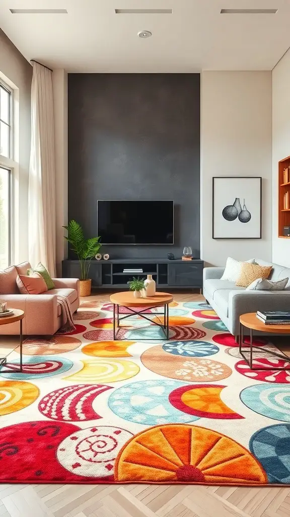 A modern living room featuring a colorful big rug with playful patterns, complemented by light furniture and a dark accent wall.