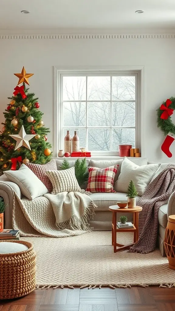 Cozy living room decorated for Christmas with textured fabrics and throws