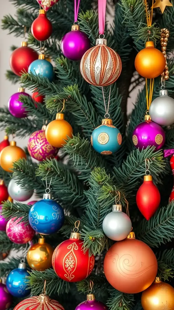 Colorful retro ornaments on a Christmas tree
