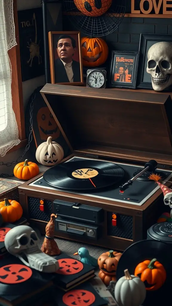 A vintage record player surrounded by Halloween decorations, including pumpkins and skulls, evoking a 70s Halloween vibe.
