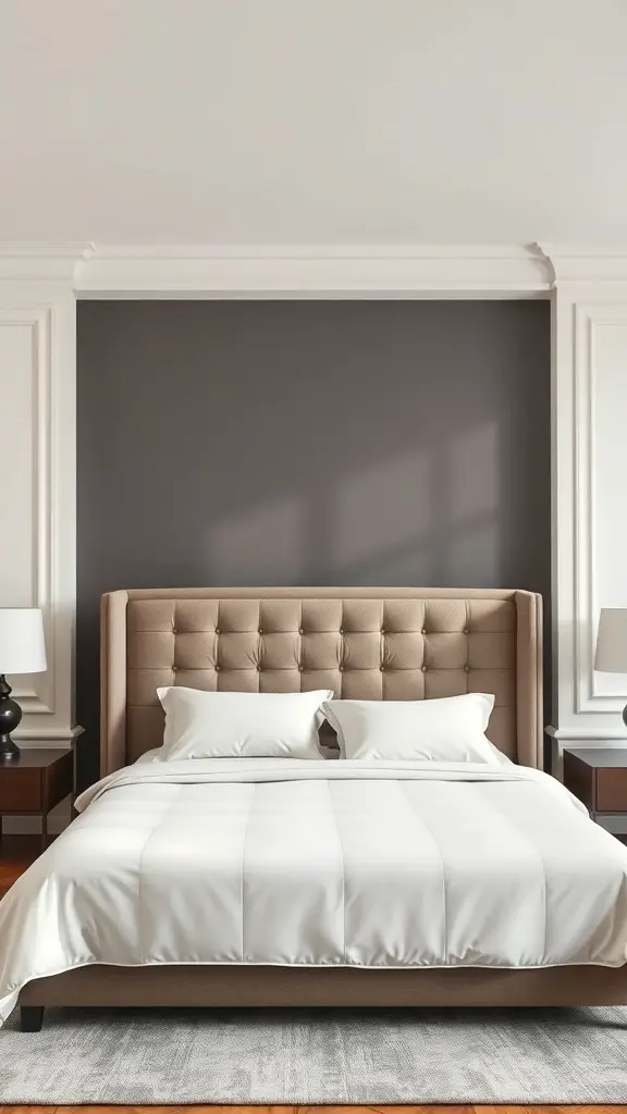 A stylish king bed with a tufted beige headboard and white bedding.