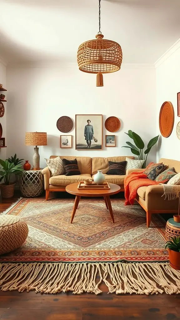 29+ Stylish Living Room Area Rug Ideas to Transform Your Space 16 A cozy living room featuring a fringe rug, warm-toned furniture, and bohemian decor.