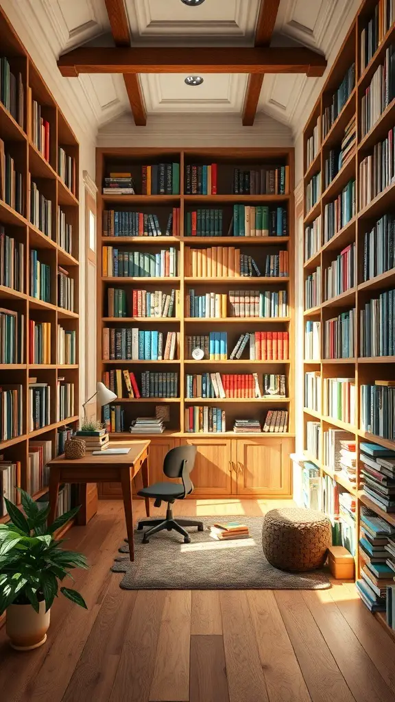 A cozy home library with wooden shelves filled with books, a desk, and a comfortable chair.