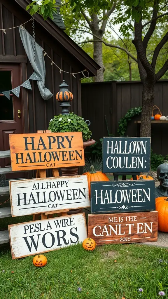 A collection of primitive wooden Halloween signs with playful phrases.