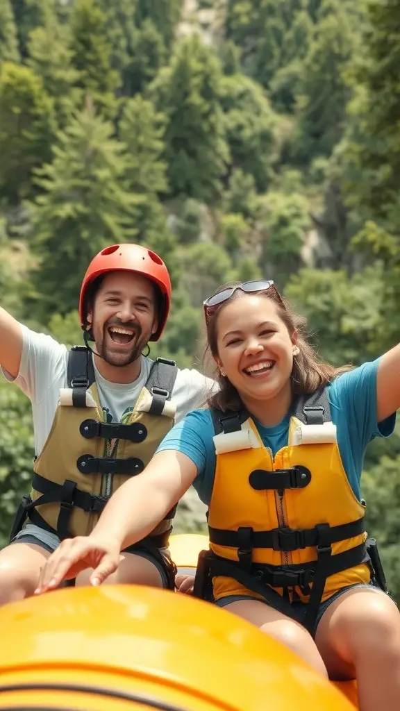 Two friends smiling and ready for a rafting trip, showcasing excitement for an outdoor experience.