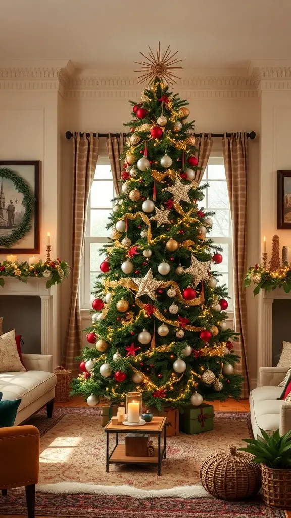 A beautifully decorated Christmas tree with red and gold ornaments, surrounded by cozy seating and festive decor.