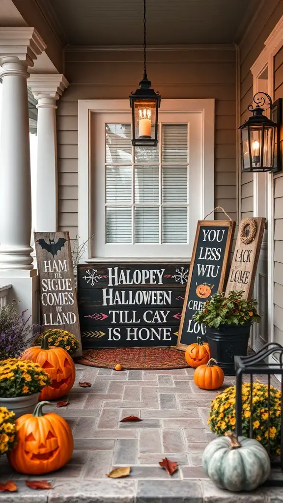 A cozy porch decorated with rustic wood signs featuring Halloween quotes, pumpkins, and flowers.