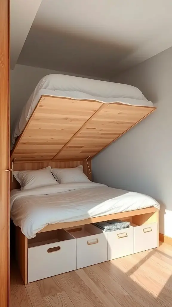 31+ Genius Narrow Bedroom Ideas to Maximize Space 7 A narrow bedroom with a bed that lifts to reveal under-bed storage.
