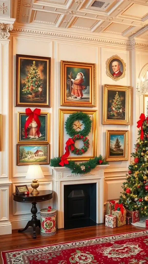 A beautifully decorated room with Christmas-themed artwork, a tree, and wreaths.