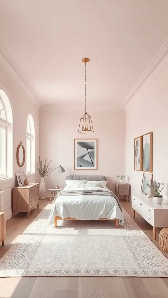 27+ Creative Long and Narrow Bedroom Ideas for Maximizing Space 7 A long and narrow bedroom featuring soft pink walls, a cozy bed, and stylish furniture.