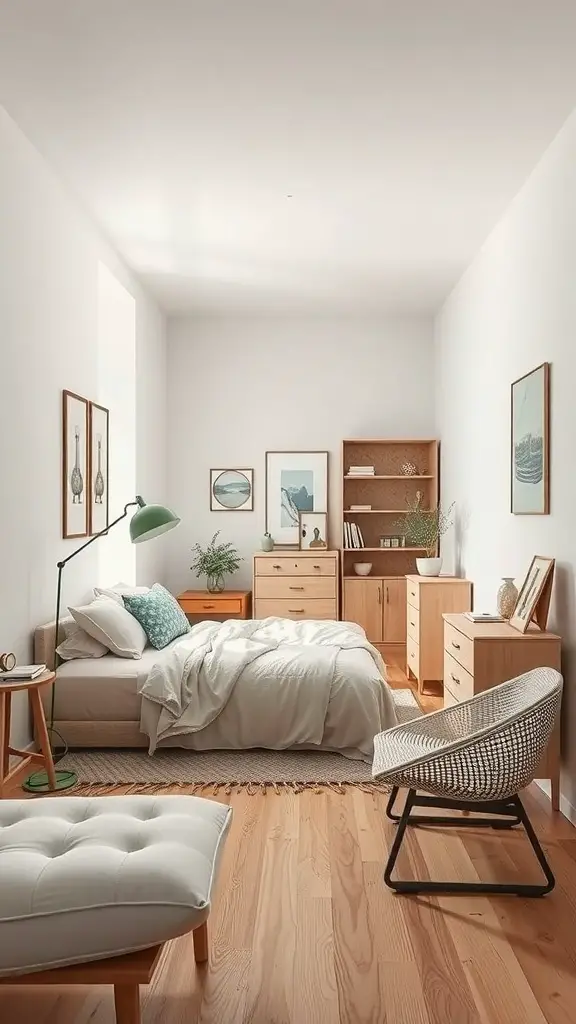 31+ Genius Narrow Bedroom Ideas to Maximize Space 8 A narrow bedroom featuring light-weight, movable furniture including a bed, side table, chair, and shelving.
