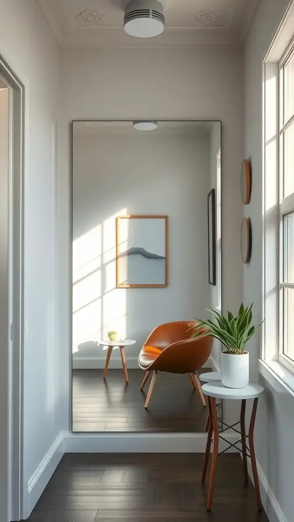 29+ Small Room Makeover Ideas to Maximize Space and Style 2 A bright hallway featuring a large mirror, a stylish chair, and a potted plant.