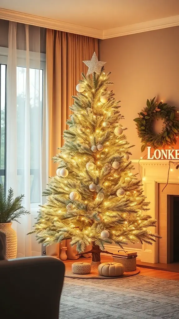 A Christmas tree decorated with warm white lights and white ornaments, creating a cozy atmosphere.