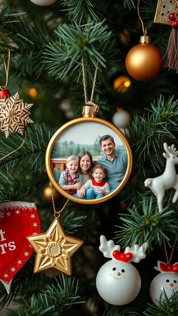 A personalized photo ornament hanging on a Christmas tree, featuring a family picture.