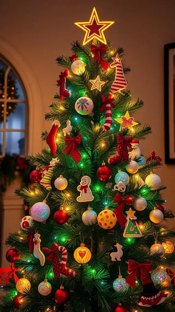 A colorful 90s Christmas tree decorated with various ornaments and lights.