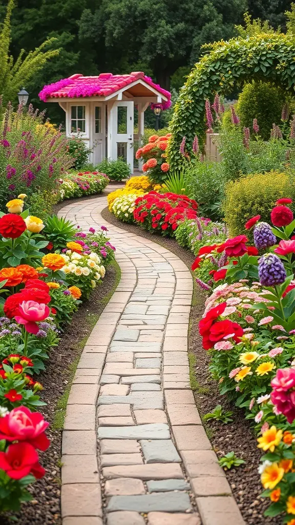 A beautiful garden pathway lined with colorful flowers and a charming gazebo.