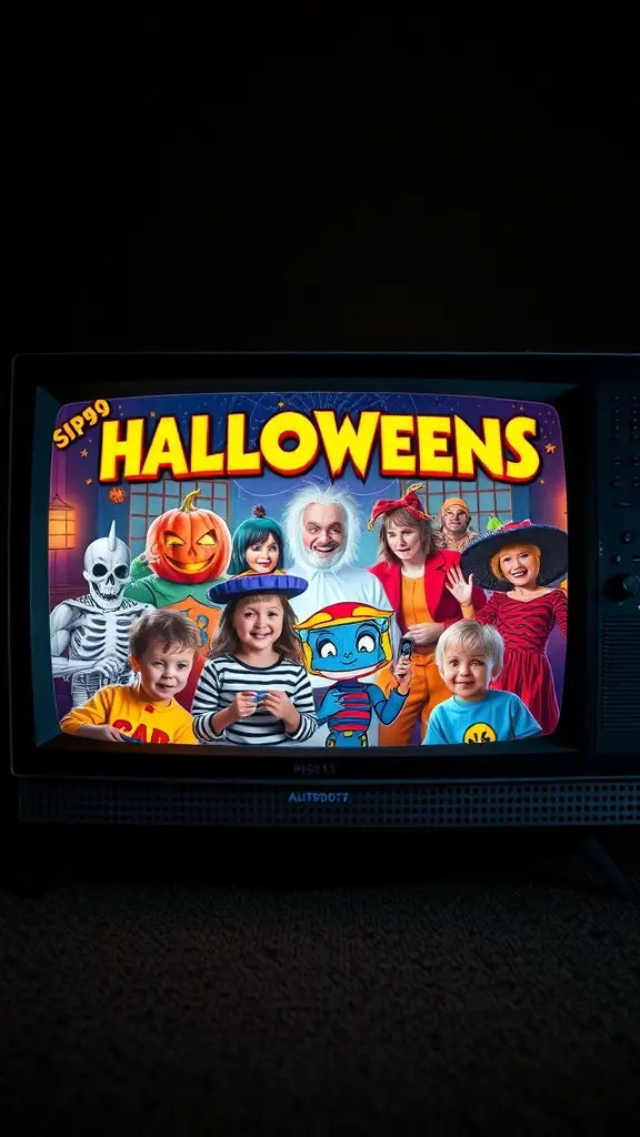 A vintage TV screen displaying a colorful Halloween special with children in costumes and festive decorations.