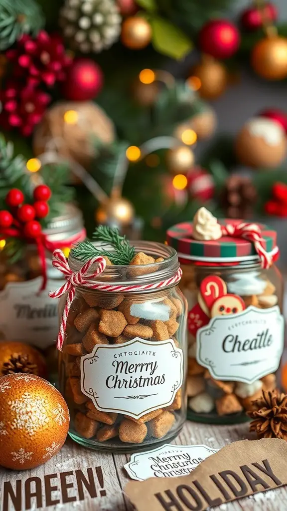 Colorful jars filled with holiday treats, decorated with ribbons and festive labels.