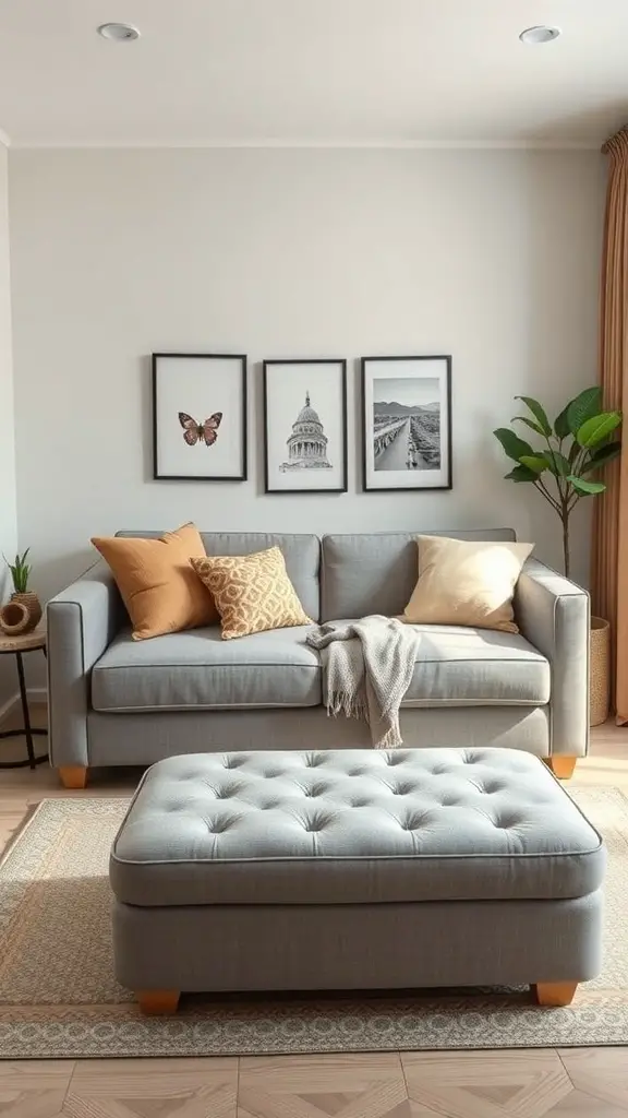 29+ Small Room Makeover Ideas to Maximize Space and Style 5 Cozy small room with a gray sofa, decorative pillows, a tufted ottoman, and wall art.