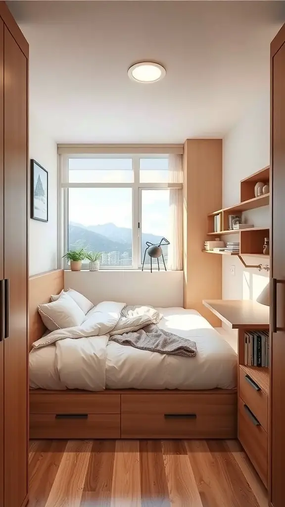 35+ Stunning Small Bedroom Interior Ideas for Cozy Spaces 2 A small bedroom with multi-functional furniture, including a bed with storage drawers and a small desk area.