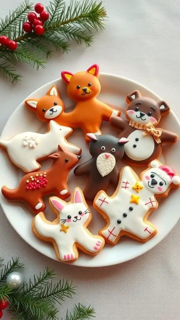 A plate of colorful anthro-inspired Christmas cookies shaped like animals, including a fox, bear, and snowman.
